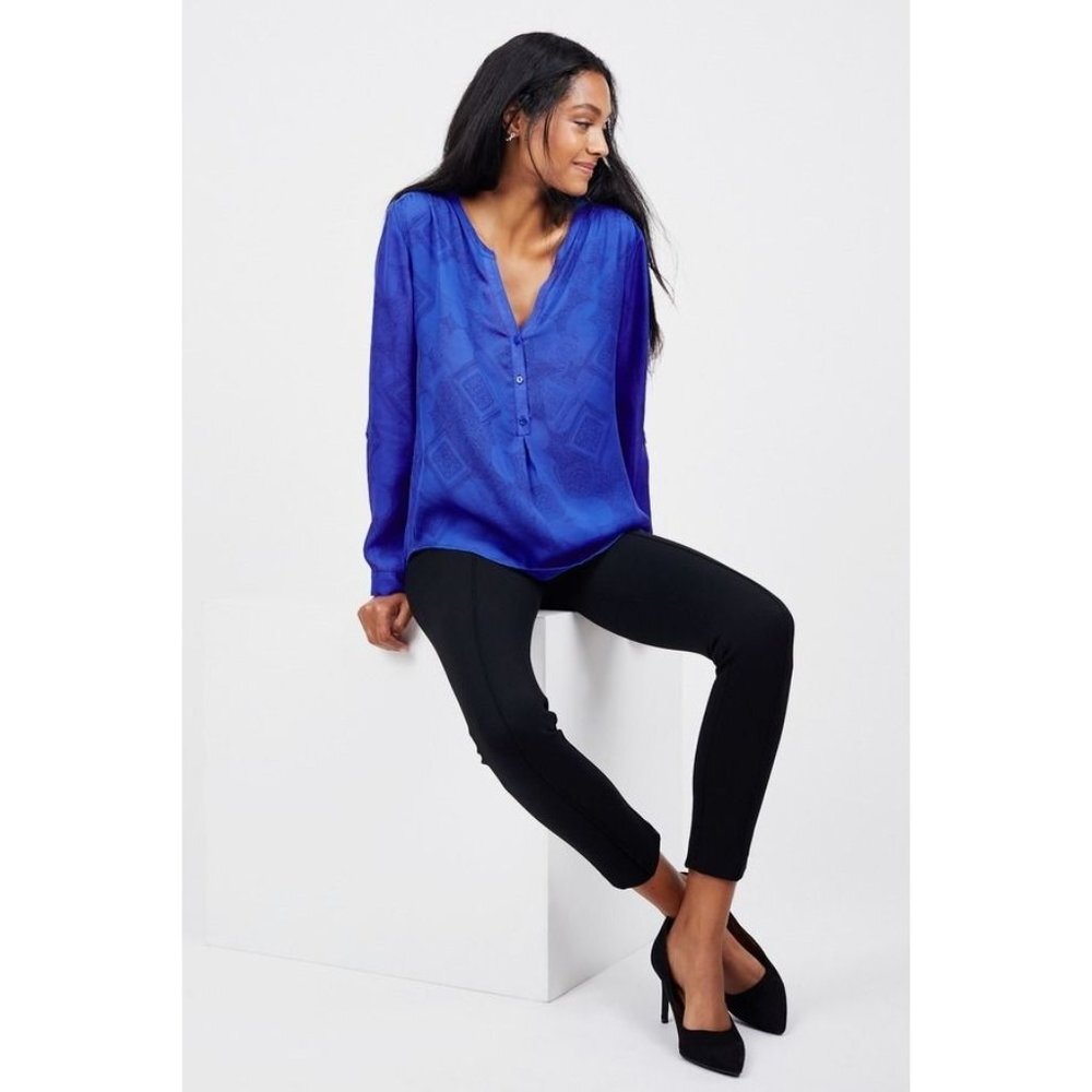 Noir Women Size Small 100% Silk Style NT-0152D Blue Long Sleeve HIgh Low Blouse